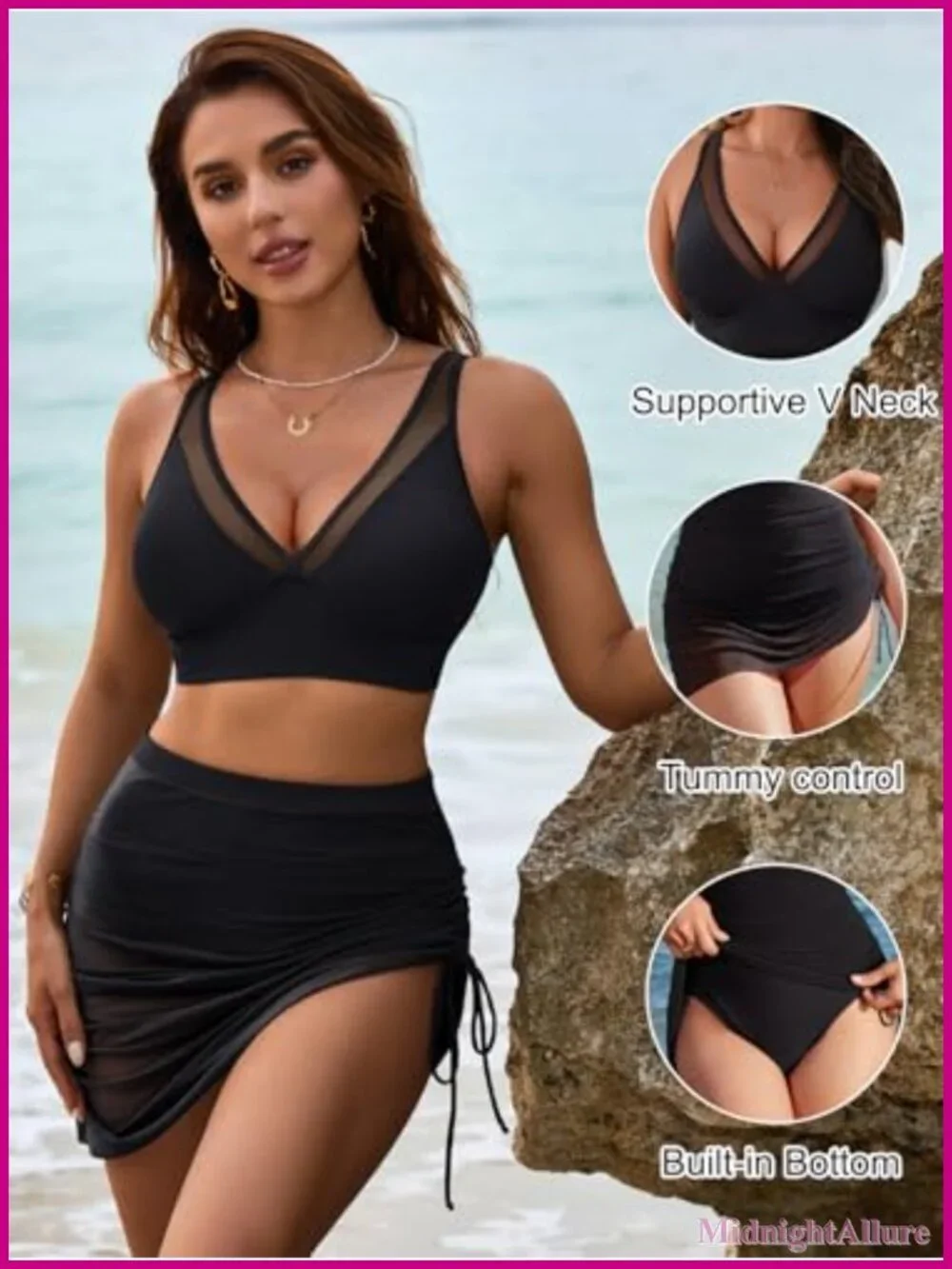 Women Mesh Swim Skirt High Waisted Tummy Control Bikini Set